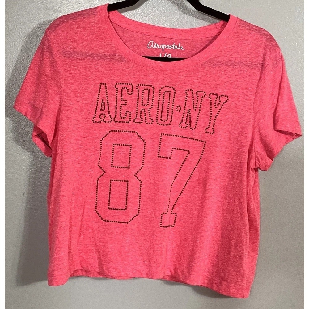 Aéropostale AERO 87 Pink Logo Graphic Crew Neck Cropped Tee L Black Studded Y2K